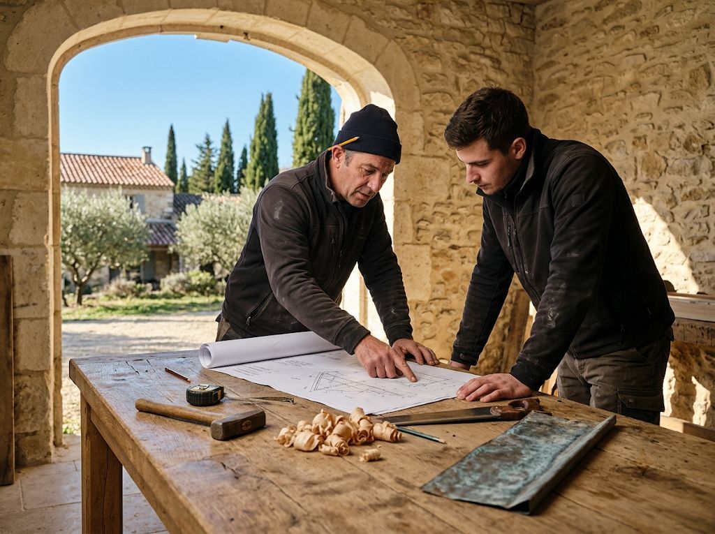 Deux couvreurs étudient les plans d'un chantier sur l'établi d'un atelier en pierre, en Provence