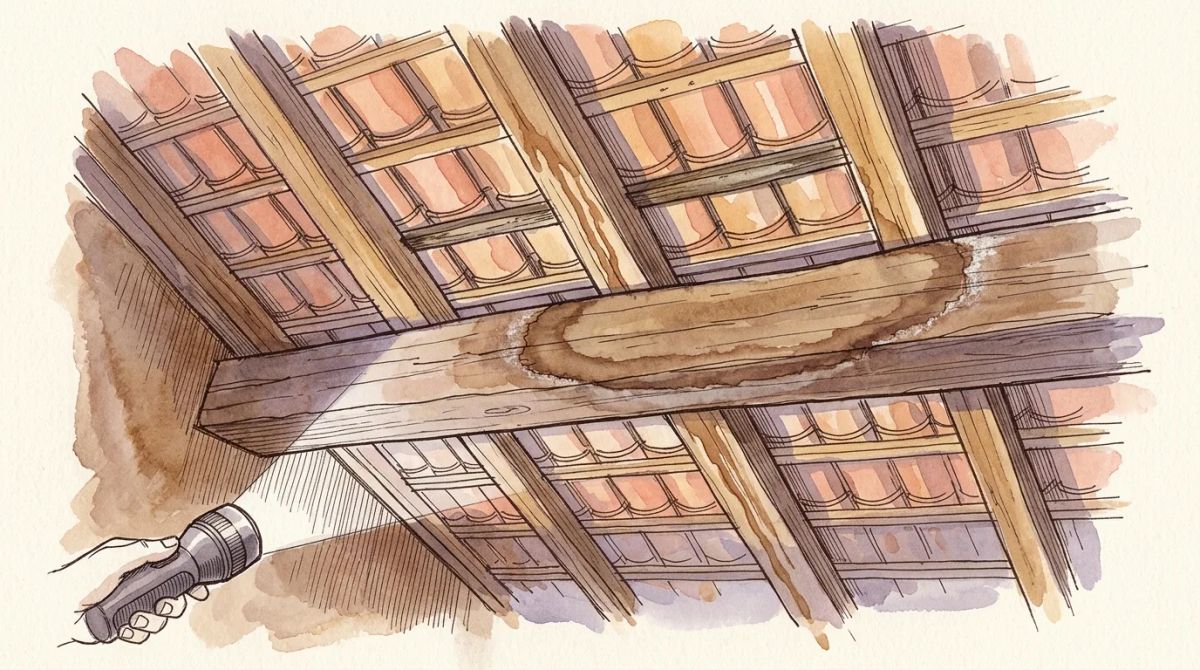 Illustration aquarelle : auréoles brunes et coulures d'humidité sur la panne, les chevrons et les liteaux d'une charpente en chêne