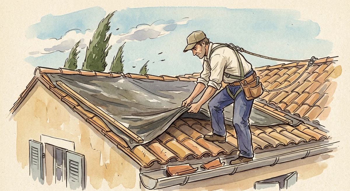 Illustration aquarelle : bâchage sécurisé d'une toiture endommagée après un coup de mistral, couvreur harnaché et longe amarrée au faîtage