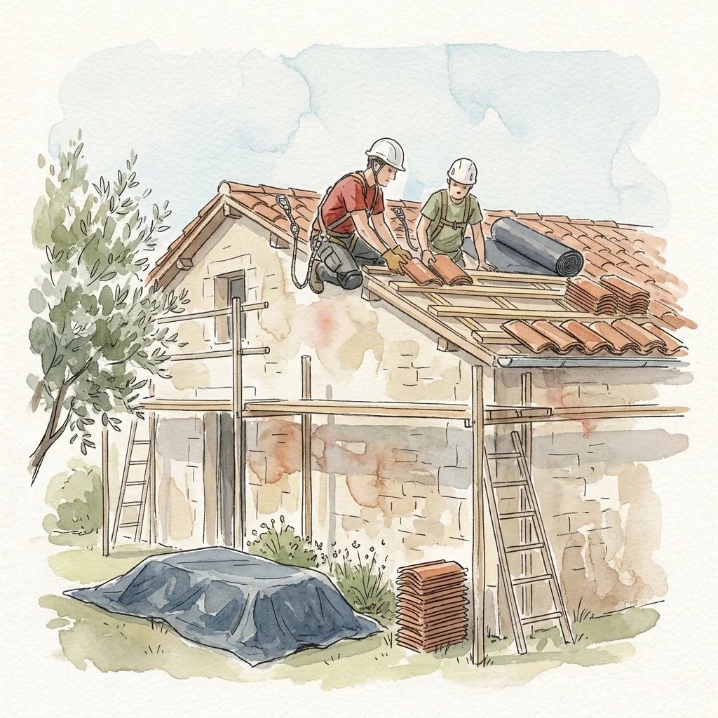Cantiere di rifacimento del tetto: ponteggio, schermo sottotegola srotolato, listellatura nuova e tuile canal selezionate