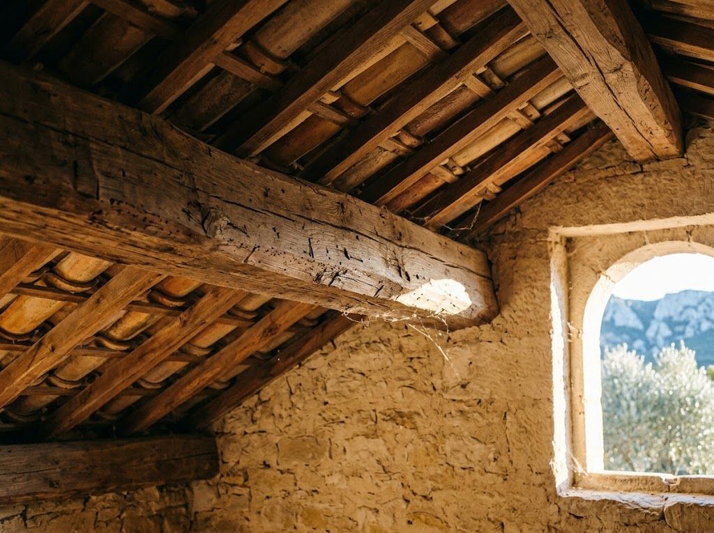 Charpente ancienne d'un mas provençal, poutres en bois apparentes et mur de pierre, avant traitement