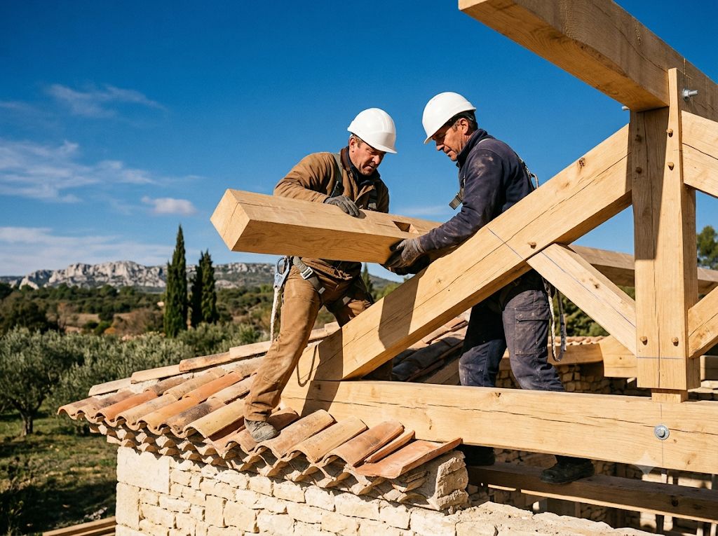 Deux charpentiers levant une ferme de charpente en bois neuve sur un mas des Alpilles