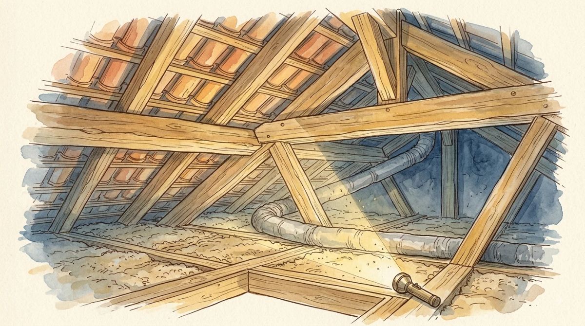 Illustration aquarelle : combles d'un mas provençal, conduit de ventilation isolé passant entre les fermes d'une charpente en bois, au-dessus de l'isolant du plancher, tuiles canal visibles sur leurs liteaux
