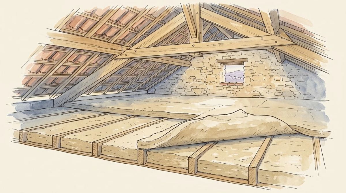 Illustration aquarelle : combles perdus vus de l'intérieur, première couche de laine découpée entre les solives et seconde couche déroulée perpendiculairement par-dessus, charpente en bois et tuiles visibles au-dessus