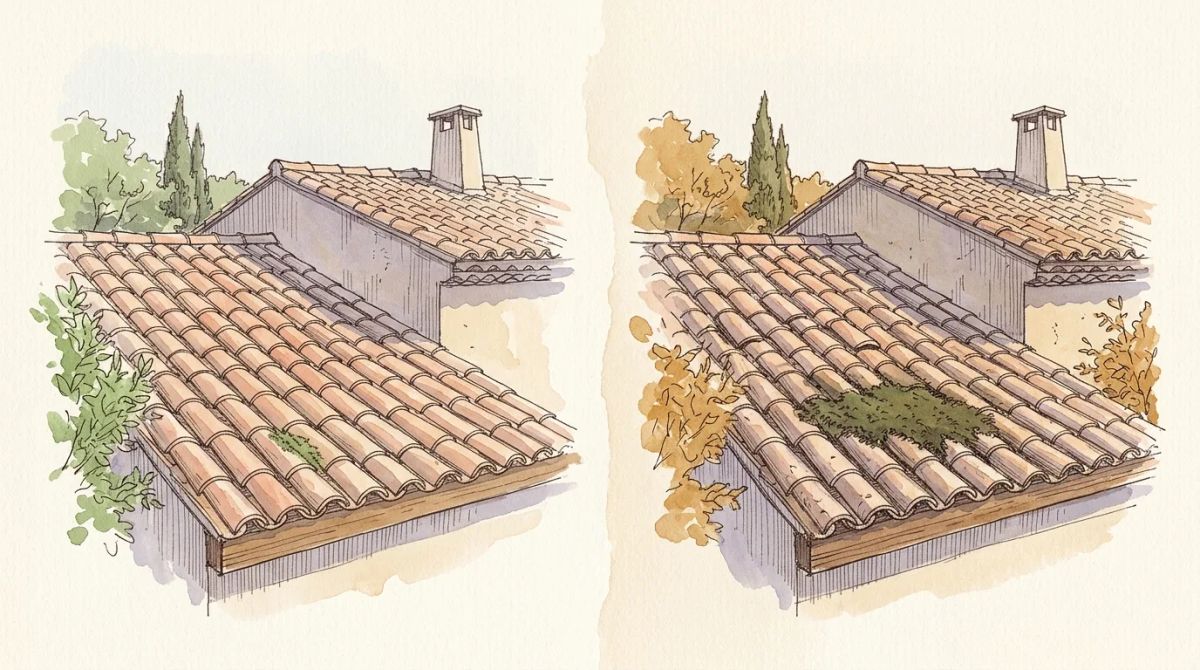 Illustration aquarelle : même cadrage d'une toiture en tuile canal à six mois d'intervalle, une tuile glissée et une tache de mousse étendue
