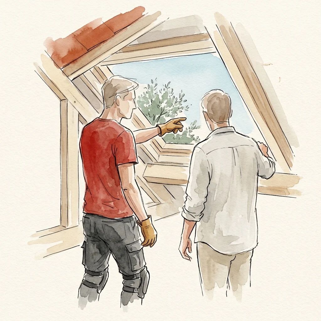 Carpentiere che mostra a un cliente l'apertura di ventilazione del sottotetto sotto una struttura in legno