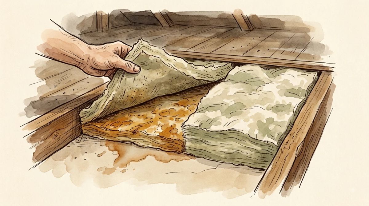 Illustration aquarelle : main soulevant un pan de laine minérale ancienne dans des combles, une zone restée gonflée et sèche à côté d'une zone tassée et auréolée d'humidité sur le plafond