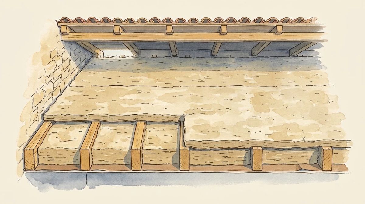 Illustration aquarelle : coupe de combles perdus, plafond de l'étage chauffé surmonté d'un pare-vapeur kraft posé en sous-face, première couche de laine minérale découpée entre les solives et seconde couche déroulée en continu par-dessus, charpente et tuiles canal en bandeau au-dessus