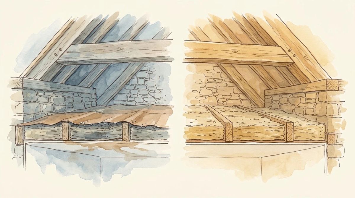Illustration aquarelle : coupe comparant deux combles isolés, à gauche un pare-vapeur kraft posé au-dessus de la laine avec des gouttelettes de condensation sous le papier et une auréole brune sur le plafond, à droite le même isolant dont le kraft est tourné vers le bas, surface supérieure en fibre nue et plafond intact