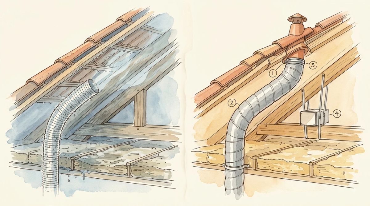 Illustration aquarelle : coupe comparant une sortie de VMC non conforme, conduit nu s'arrêtant dans les combles et gouttant sur l'isolant, et une sortie conforme, conduit isolé raccordé jusqu'à la tuile à douille et caisson suspendu à la charpente