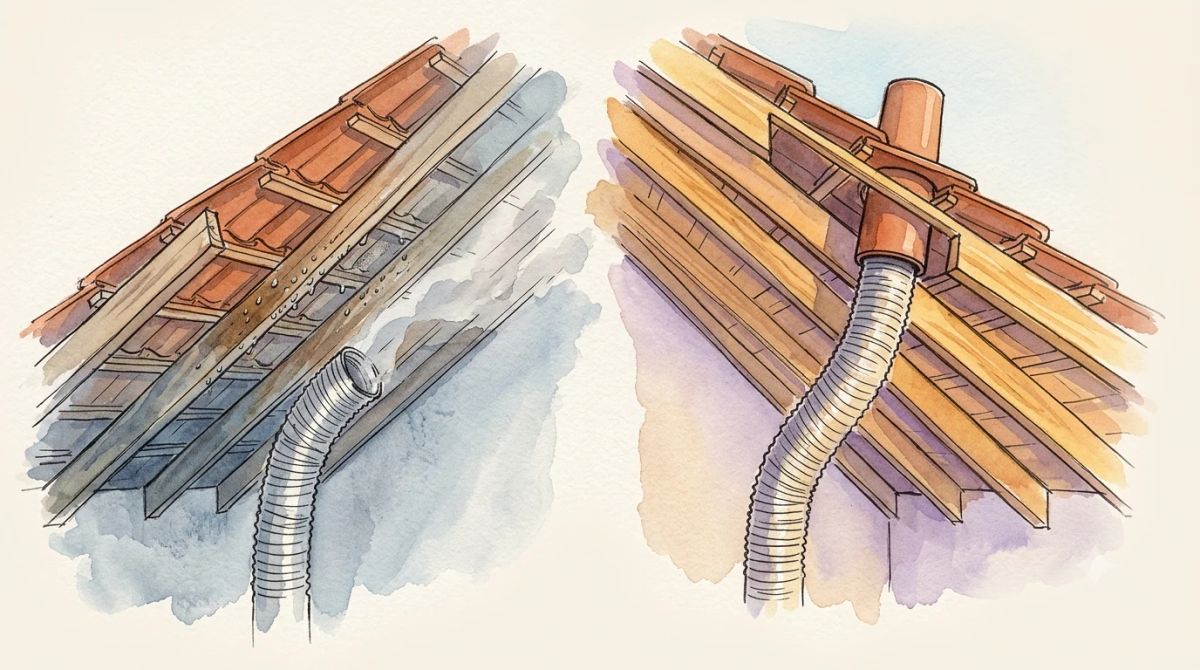 Illustration aquarelle : coupe de combles comparant un conduit de VMC arrêté sous la couverture, qui condense sur la charpente, et un conduit raccordé à l'air libre par une tuile à douille