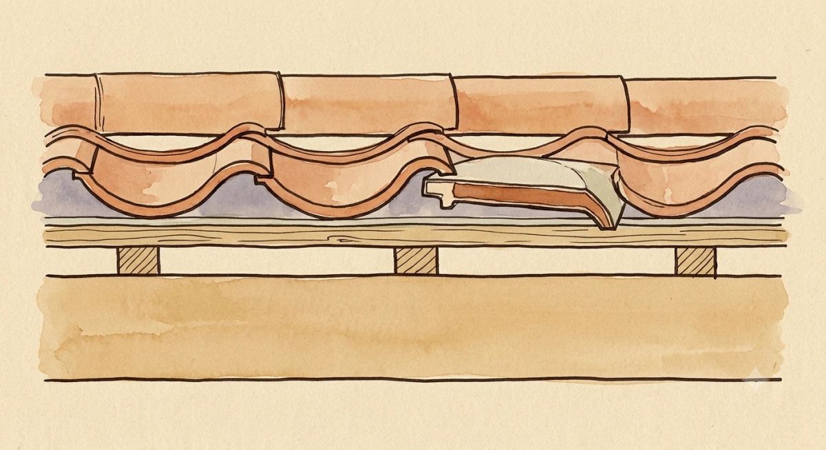 Illustration aquarelle : coupe d'une toiture en tuile canal, chevron, liteaux, écran de sous-toiture, tuiles de courant et de couvert
