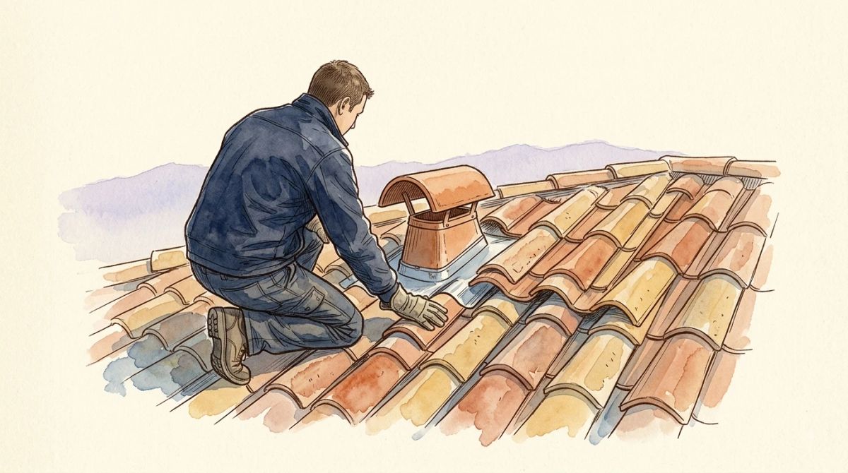 Illustration aquarelle : couvreur agenouillé sur une toiture en tuiles canal, contrôlant à la main l'étanchéité autour d'une sortie de ventilation coiffée de son chapeau