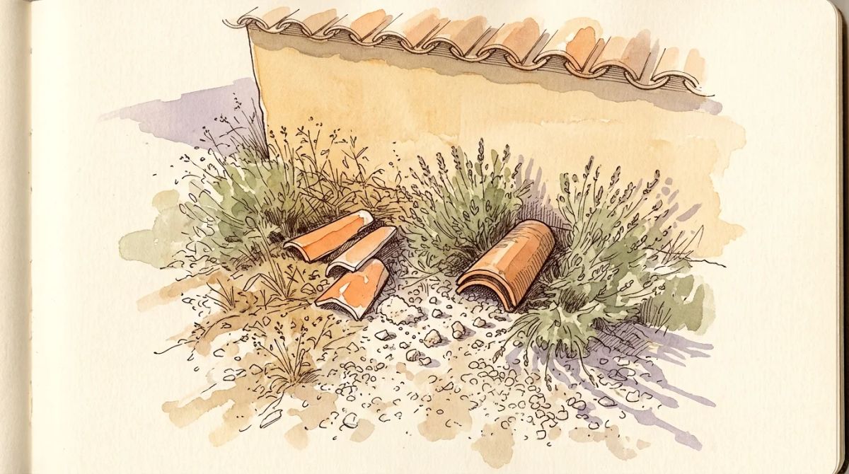 Illustration aquarelle : morceaux de tuile canal et fragments de mortier tombés au pied d'un mur de mas, parmi le gravier et la lavande