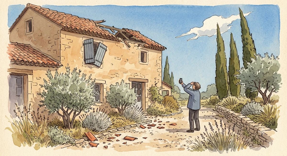Illustration aquarelle : tuiles arrachées après une tempête, propriétaire photographiant les dégâts depuis le sol pour son assurance