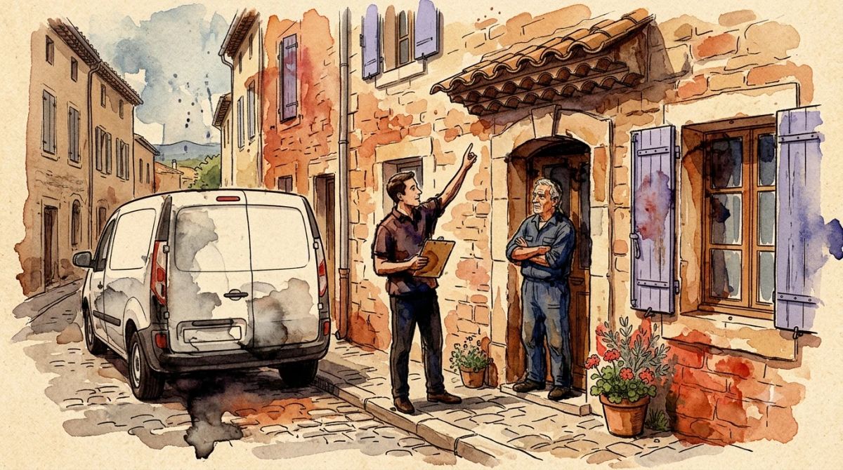 Illustration aquarelle : démarchage à domicile pour un démoussage de toiture devant une maison de village provençale