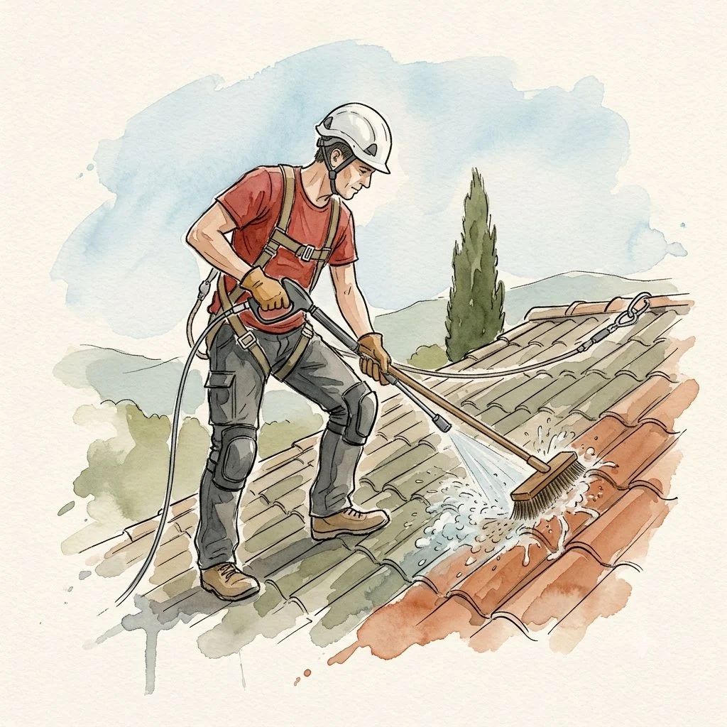 Rimozione del muschio da un tetto in tuile canal con spazzola-lancia a bassa pressione; la tegola pulita ritrova il suo tono di terracotta