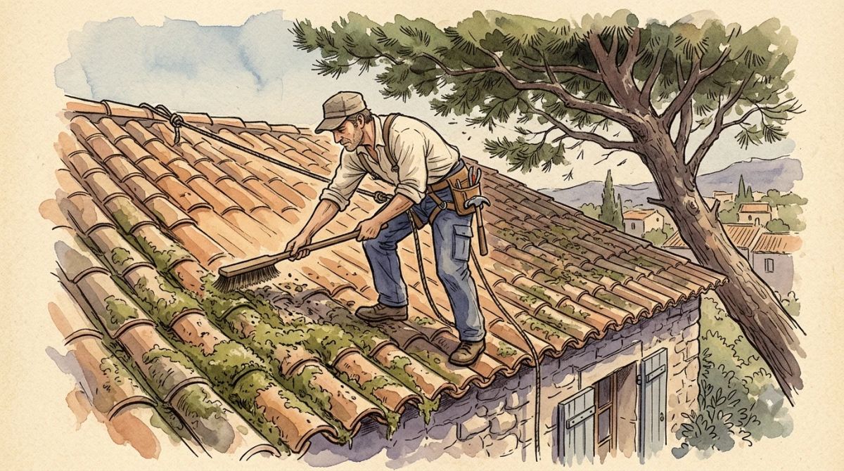 Illustration aquarelle : démoussage par brossage doux d'une toiture en tuile canal sur un versant nord ombragé