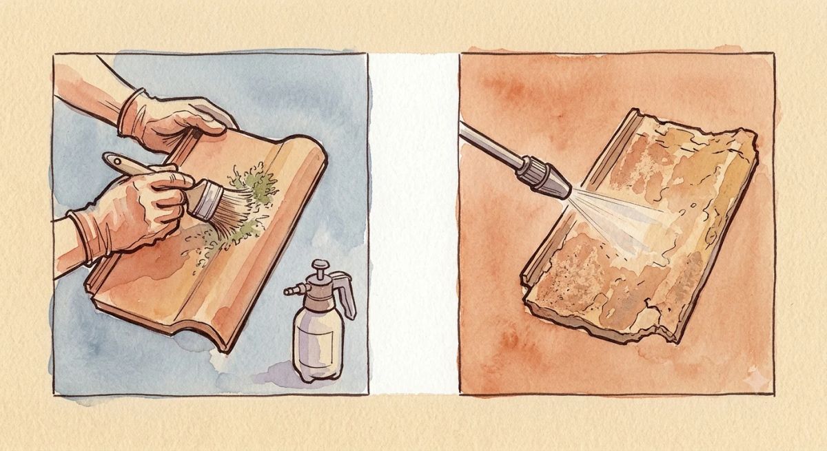 Illustration aquarelle : brossage doux à gauche, nettoyeur haute pression qui abrase la tuile à droite