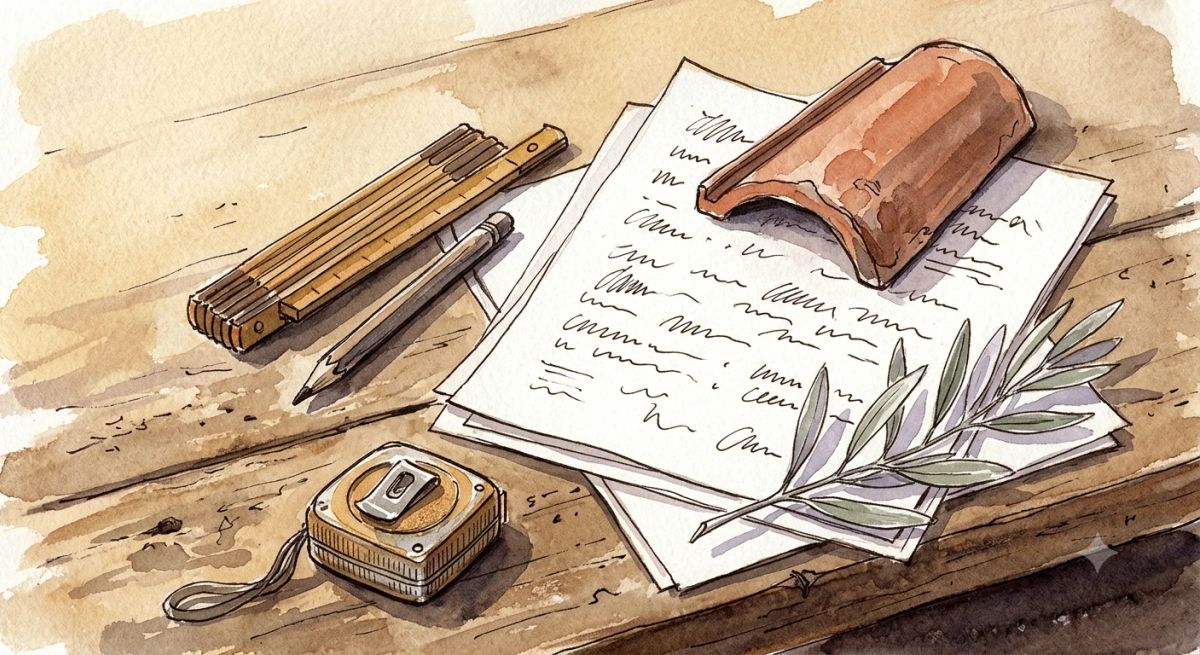 Illustration aquarelle : devis de toiture posé sur un établi, mètre pliant, crayon de charpentier et fragment de tuile canal