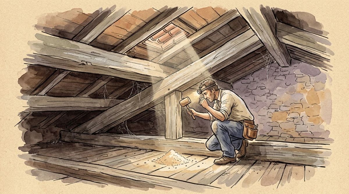 Illustration aquarelle : diagnostic d'une charpente ancienne en combles, sondage au maillet et tas de vermoulure fraîche