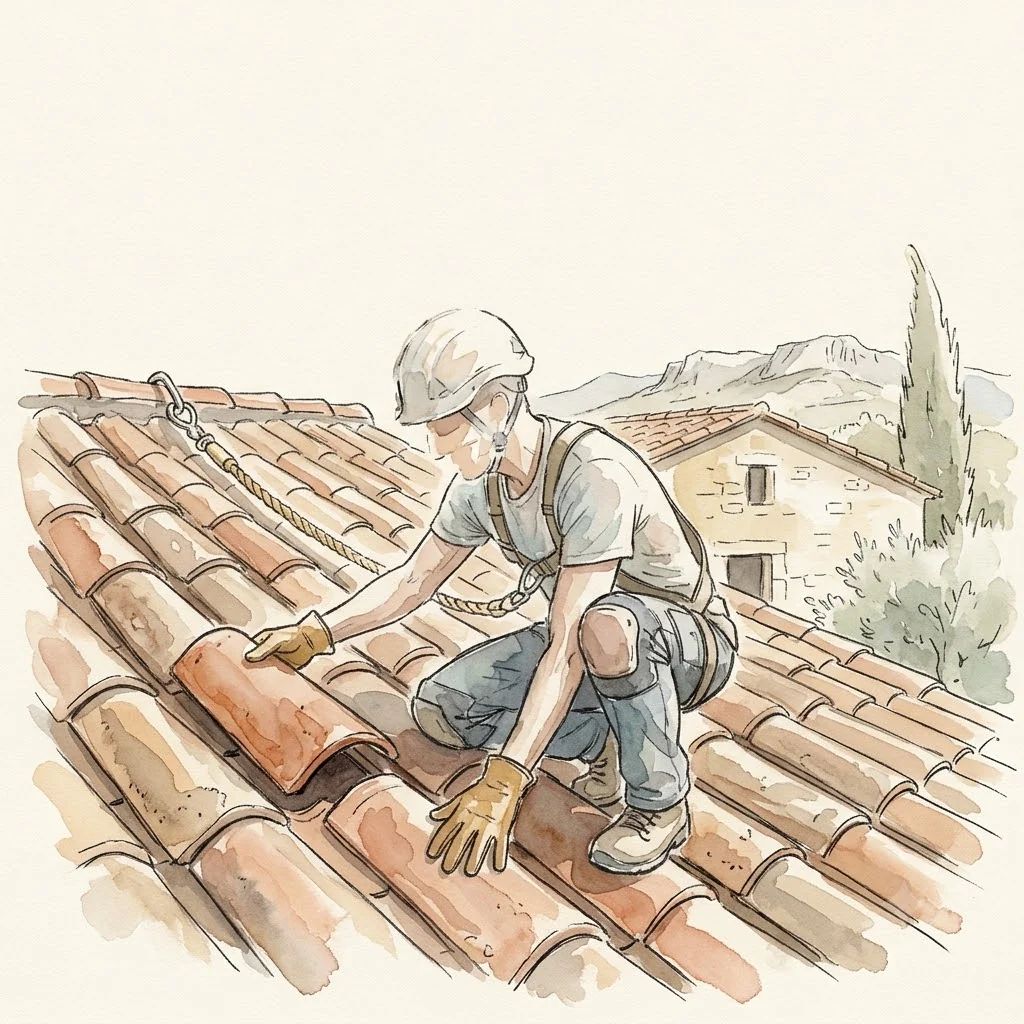 Conciatetti assicurato con una fune solleva una tuile canal per ispezionare la copertura
