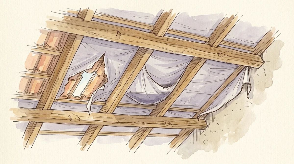Illustration aquarelle : écran de sous-toiture déchiré, affaissé en poche entre deux chevrons et décollé le long de la rive, vu depuis les combles