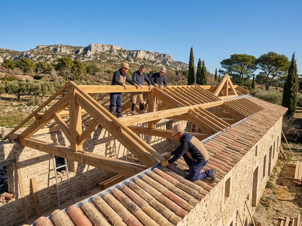 Une équipe de couvreurs-charpentiers monte l'ossature en bois d'un mas provençal, face au massif des Alpilles