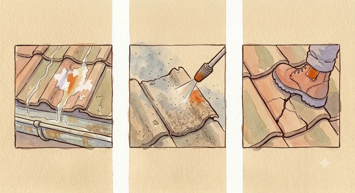 Illustration aquarelle : trois erreurs à éviter sur une toiture, eau de Javel, nettoyeur haute pression et marcher sur les tuiles