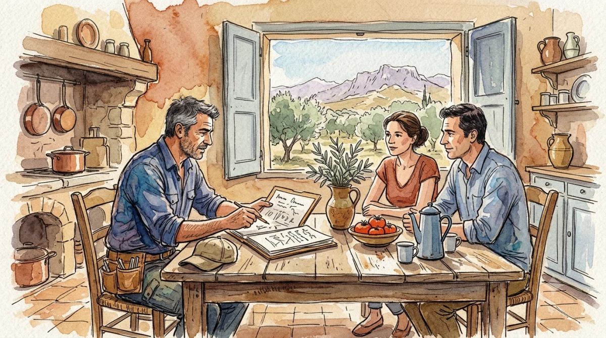 Illustration aquarelle : un couvreur-charpentier explique le détail d'un devis de toiture à des propriétaires