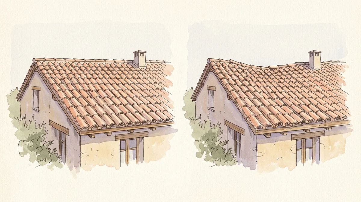 Illustration aquarelle : comparaison d'une ligne de faîtage droite et d'une ligne de faîtage affaissée avec un décrochement sur une toiture en tuile canal