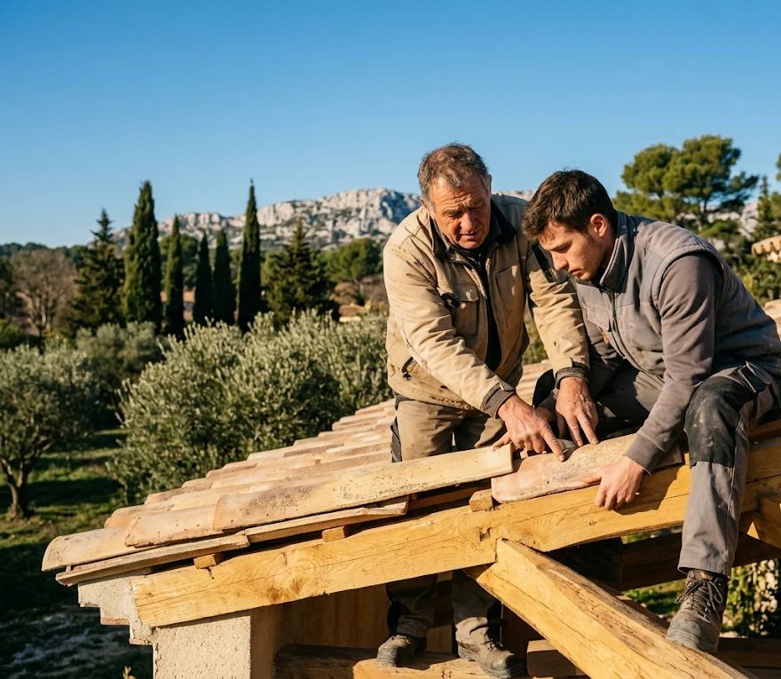 Un couvreur expérimenté forme un jeune apprenti à la pose des tuiles canal sur un toit des Alpilles