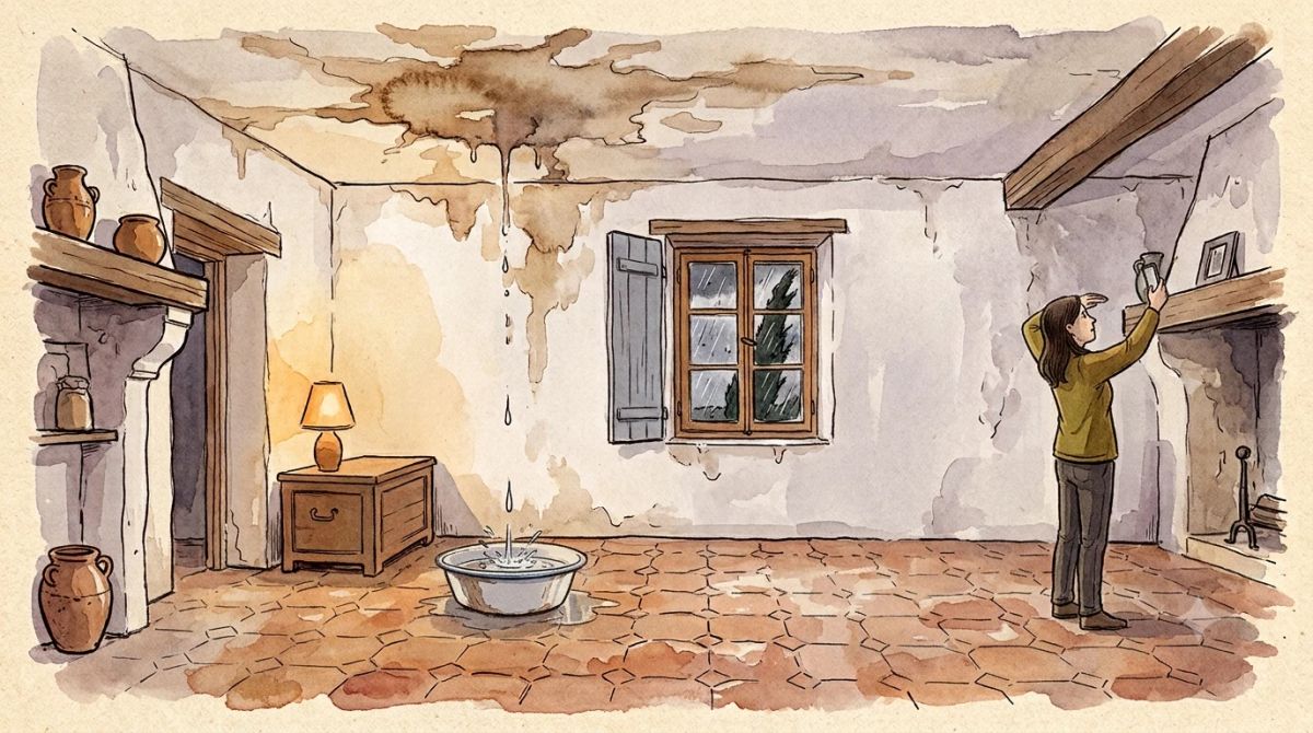 Illustration aquarelle : premiers gestes face à une fuite de toiture, bassine sous l'écoulement et photo des dégâts depuis le sol