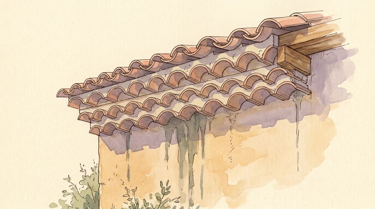 Illustration aquarelle : génoise provençale sous le débord de toiture, traces de ruissellement sur l'enduit et mortier effrité entre les rangs de tuiles