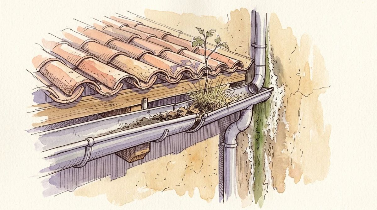 Illustration aquarelle : gouttière en zinc encombrée de terre et de végétation, fixation décrochée et trace de débordement sur la façade d'un mas