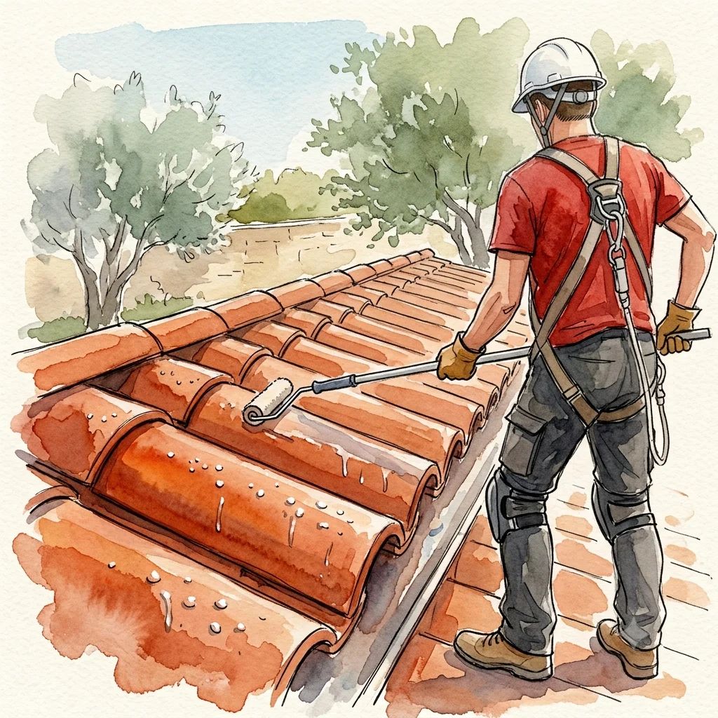 Applicazione a rullo di un idrorepellente di protezione su tuile canal su cui l'acqua perla