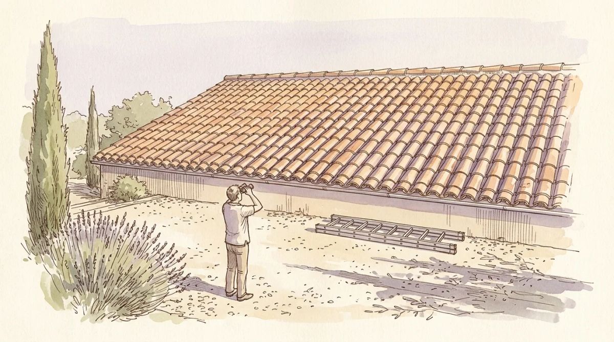 Illustration aquarelle : propriétaire observant aux jumelles la toiture en tuile canal d'un mas provençal depuis le jardin, échelle repliée à plat au sol, en fin de journée