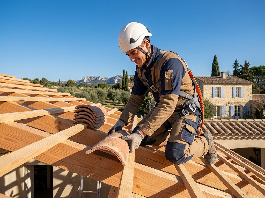 Jeune couvreur posant des tuiles canal sur la charpente neuve d'un mas provençal, dans les Alpilles