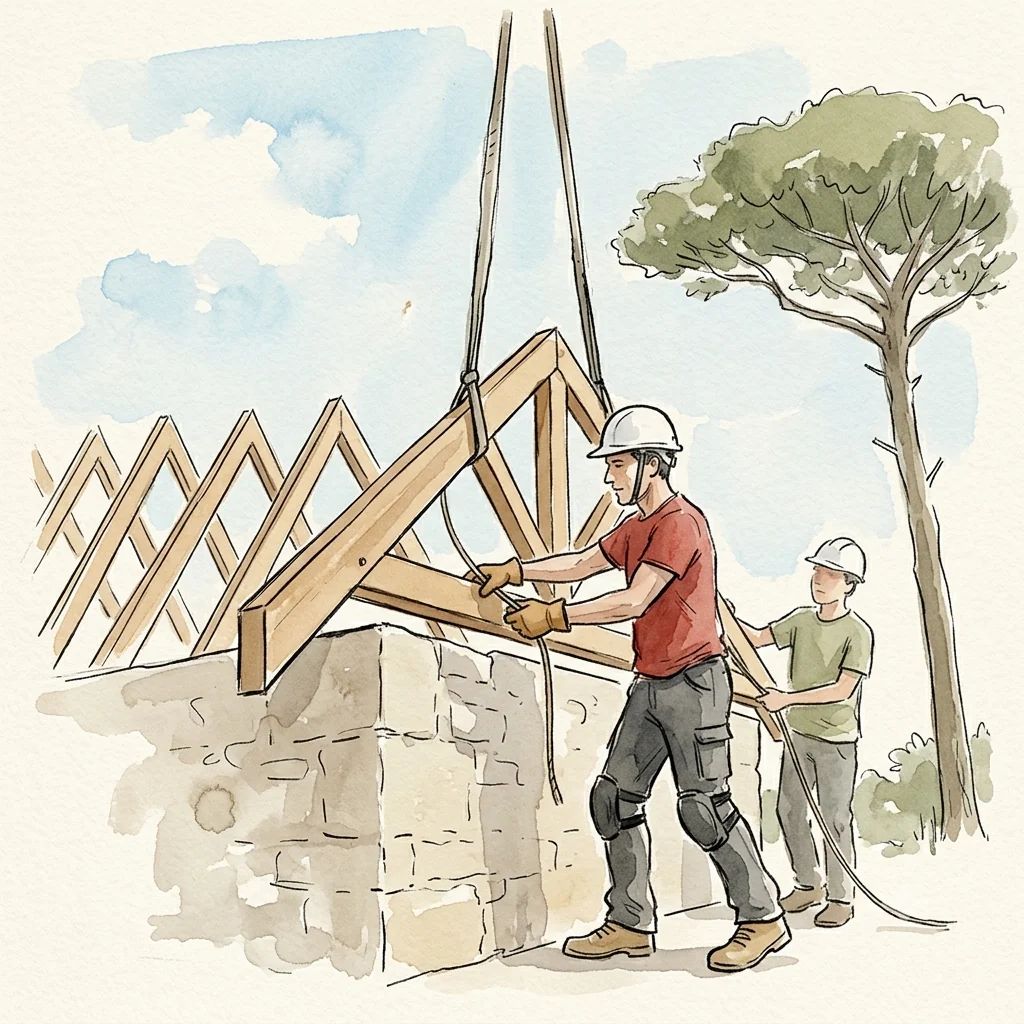 Carpentieri che guidano con la braca il sollevamento di una capriata in legno massiccio
