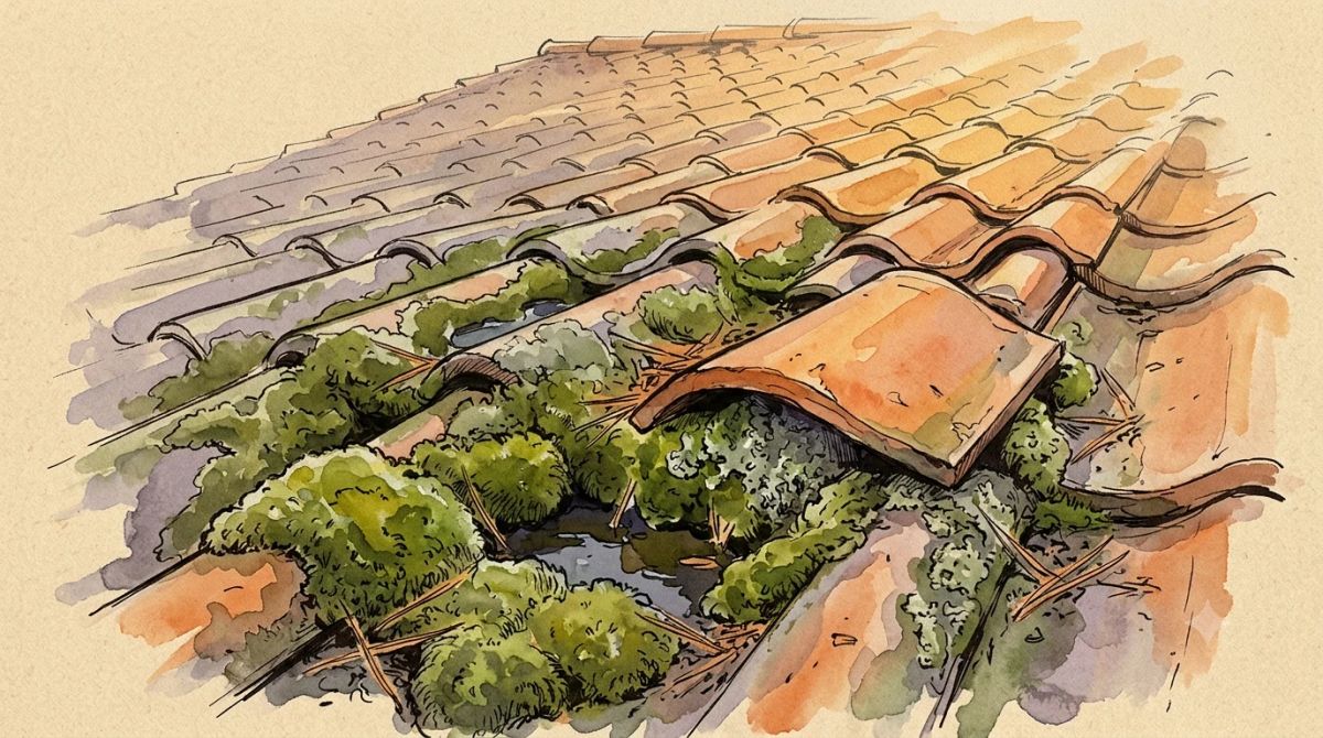 Illustration aquarelle : tapis de mousse épais dans les tuiles de courant d'une toiture en tuile canal, écoulement bloqué