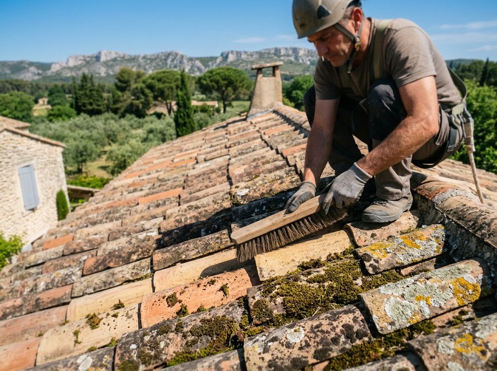 Couvreur brossant la mousse d'une toiture en tuiles canal lors d'un démoussage, dans les Alpilles