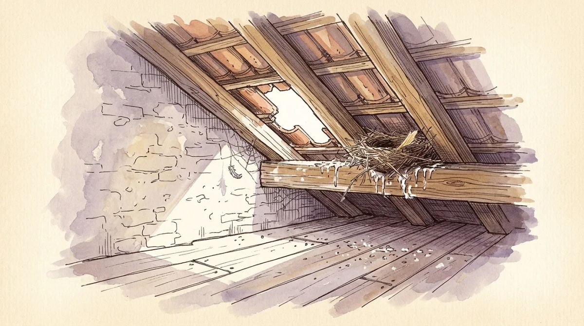Illustration aquarelle : nid d'oiseau posé sur une panne dans des combles, fientes sur la poutre et accès ouvert par une tuile manquante en rive