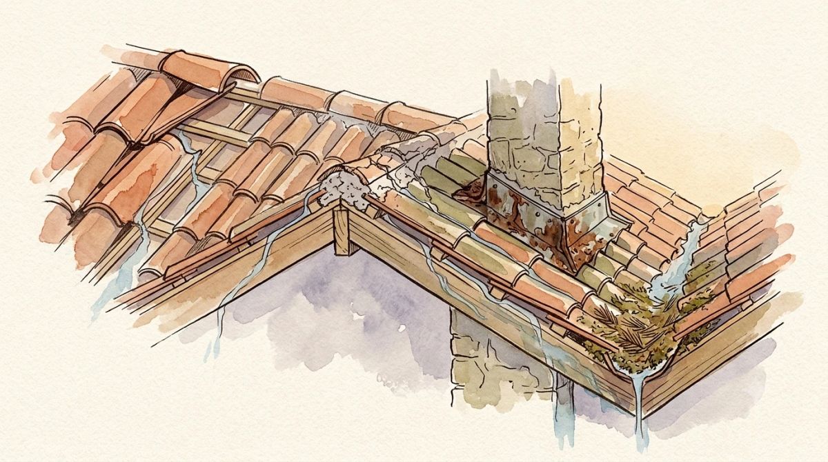 Illustration aquarelle : origines d'une fuite de toiture, faîtage descellé, solin de cheminée dégradé et noue encombrée de débris, avec les traces d'eau qui descendent sous les tuiles