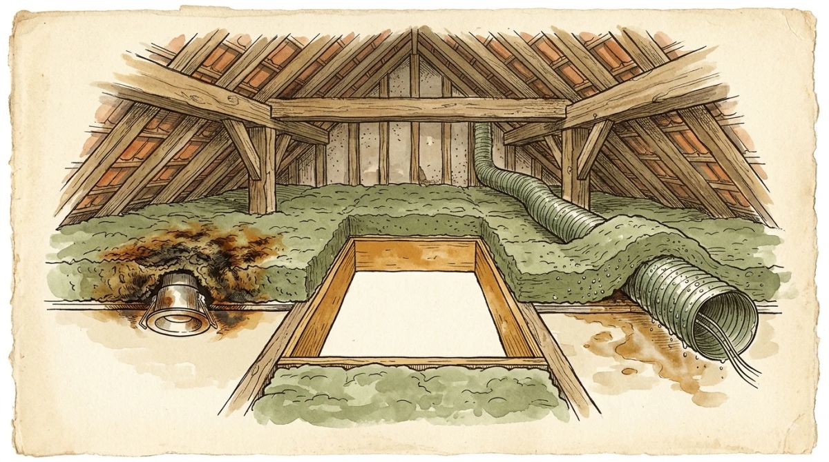 Illustration aquarelle : planche de trois défauts en combles, un spot encastré étouffé sous la laine, une trappe d'accès laissée sans isolant et une gaine de ventilation enfouie sous l'isolant