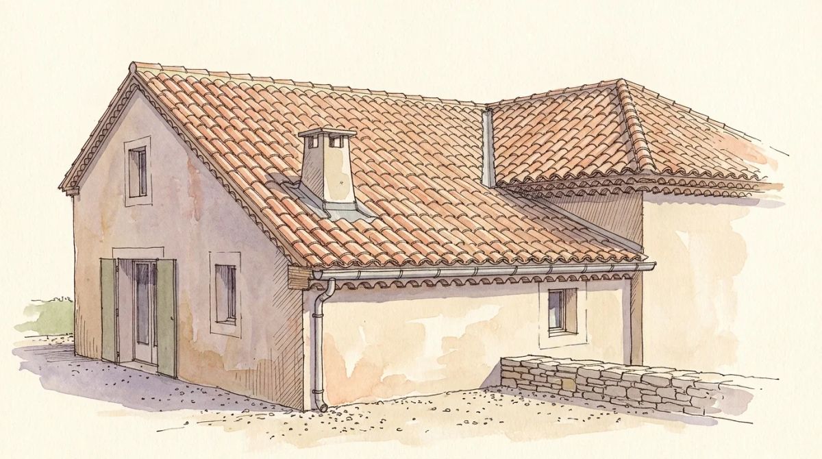 Illustration aquarelle : anatomie d'une toiture en tuile canal sur un mas provençal, faîtage, rive, arêtier, solin de cheminée, gouttière et descente