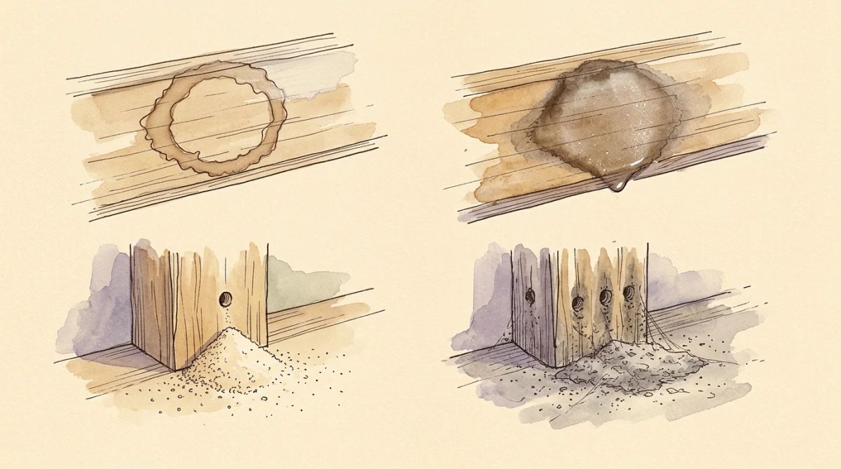 Illustration aquarelle : planche comparant une auréole ancienne à une auréole récente et une vermoulure fraîche à une vieille sciure sur une charpente