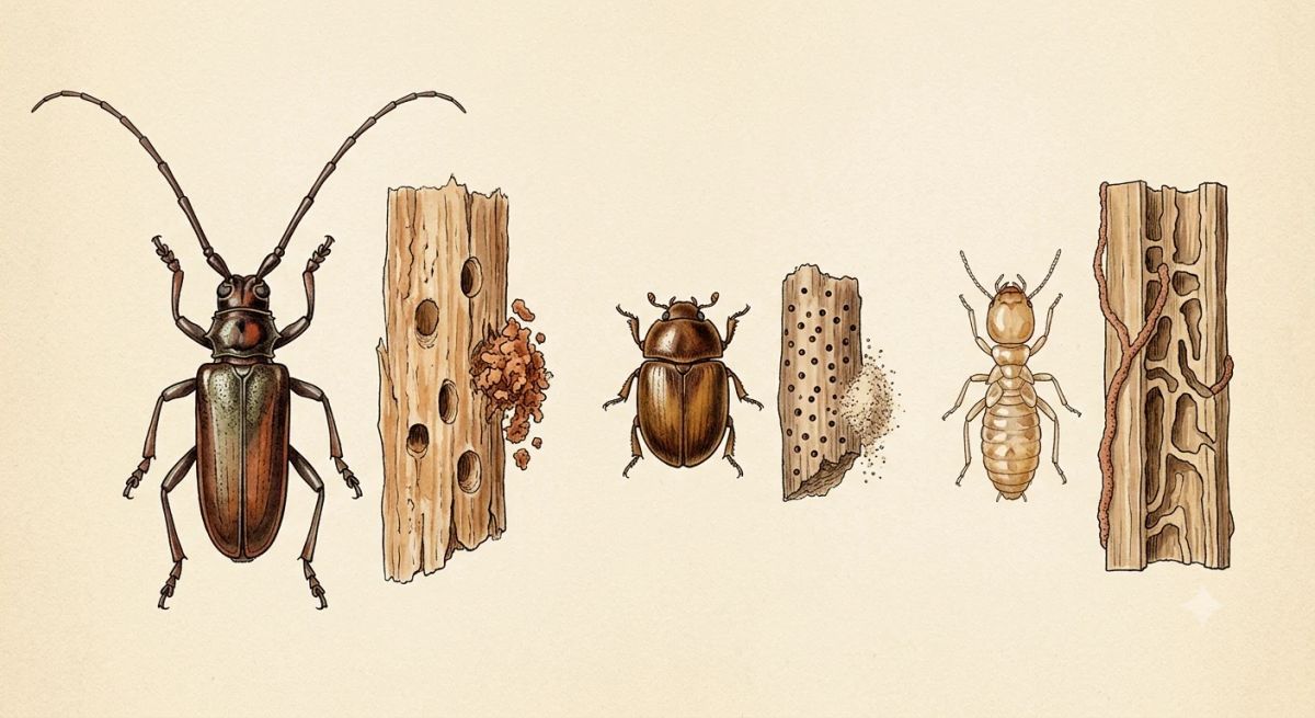 Illustration aquarelle : planche naturaliste du capricorne des maisons, de la petite vrillette et du termite avec leurs dégâts sur le bois