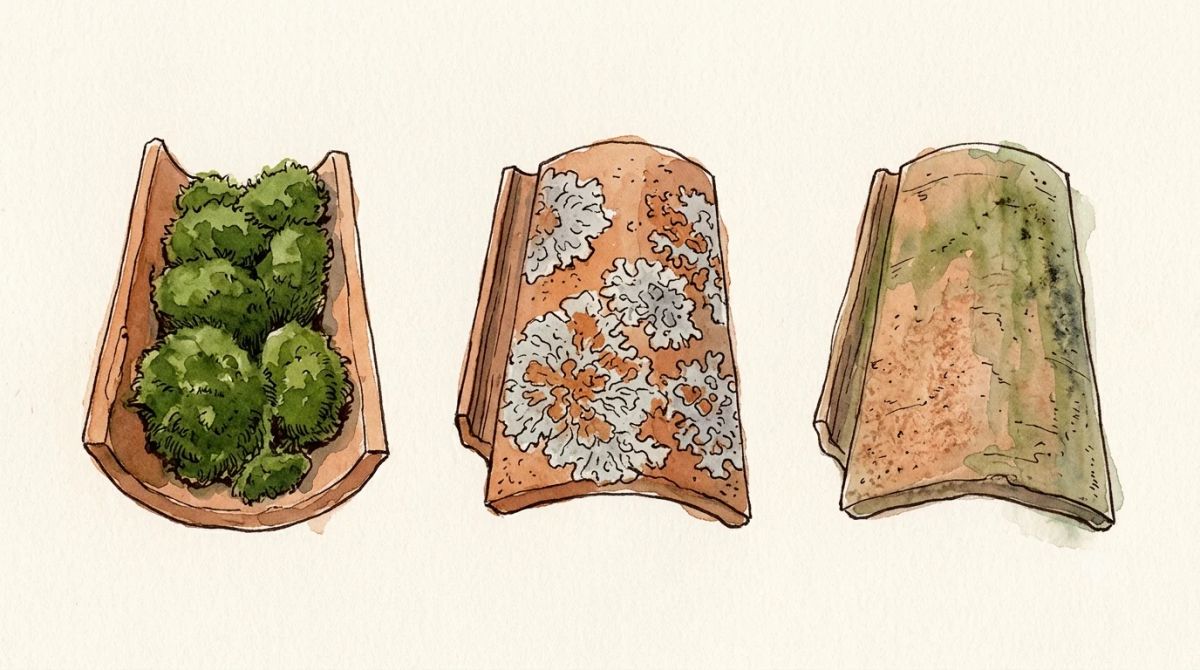 Illustration aquarelle : planche comparative de la mousse, du lichen et des algues sur des fragments de tuile en terre cuite