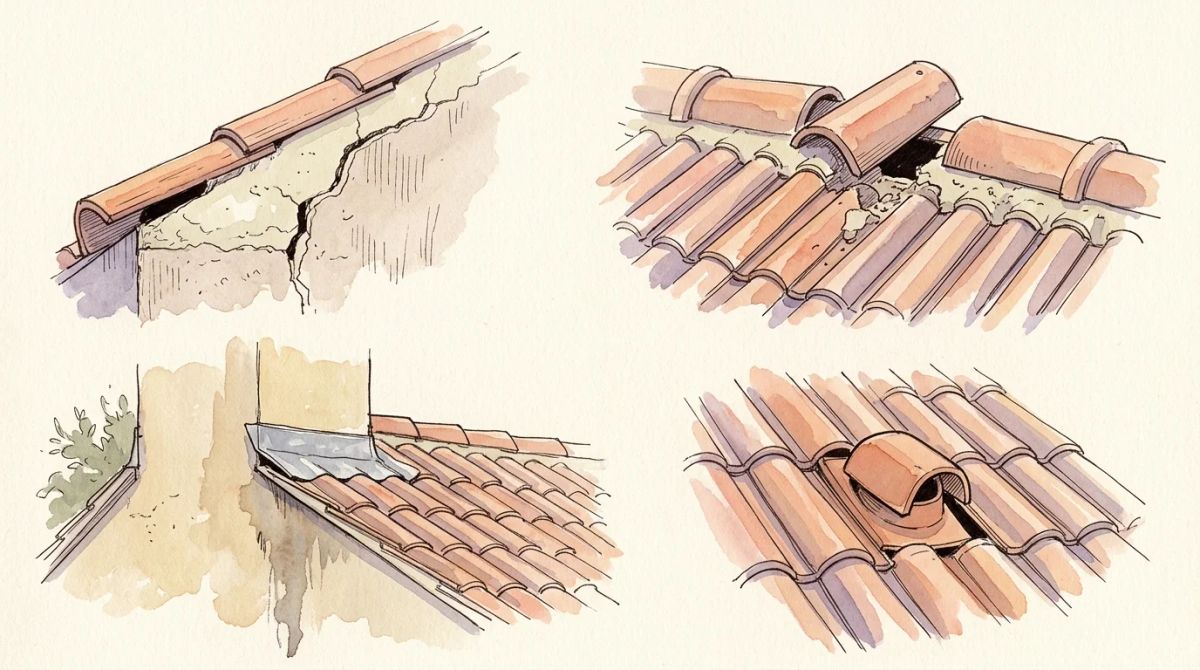 Illustration aquarelle : planche de quatre points d'entrée d'eau sur une toiture en tuile canal par vent fort, mortier de rive fendu, faîtière décalée, solin de mur décollé avec coulure sur l'enduit, et chapeau de ventilation pivoté