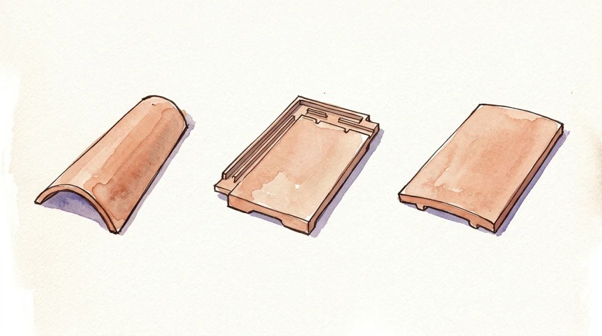 Illustration aquarelle : planche comparative des trois familles de tuiles, tuile canal en demi-cône, tuile à emboîtement et tuile plate
